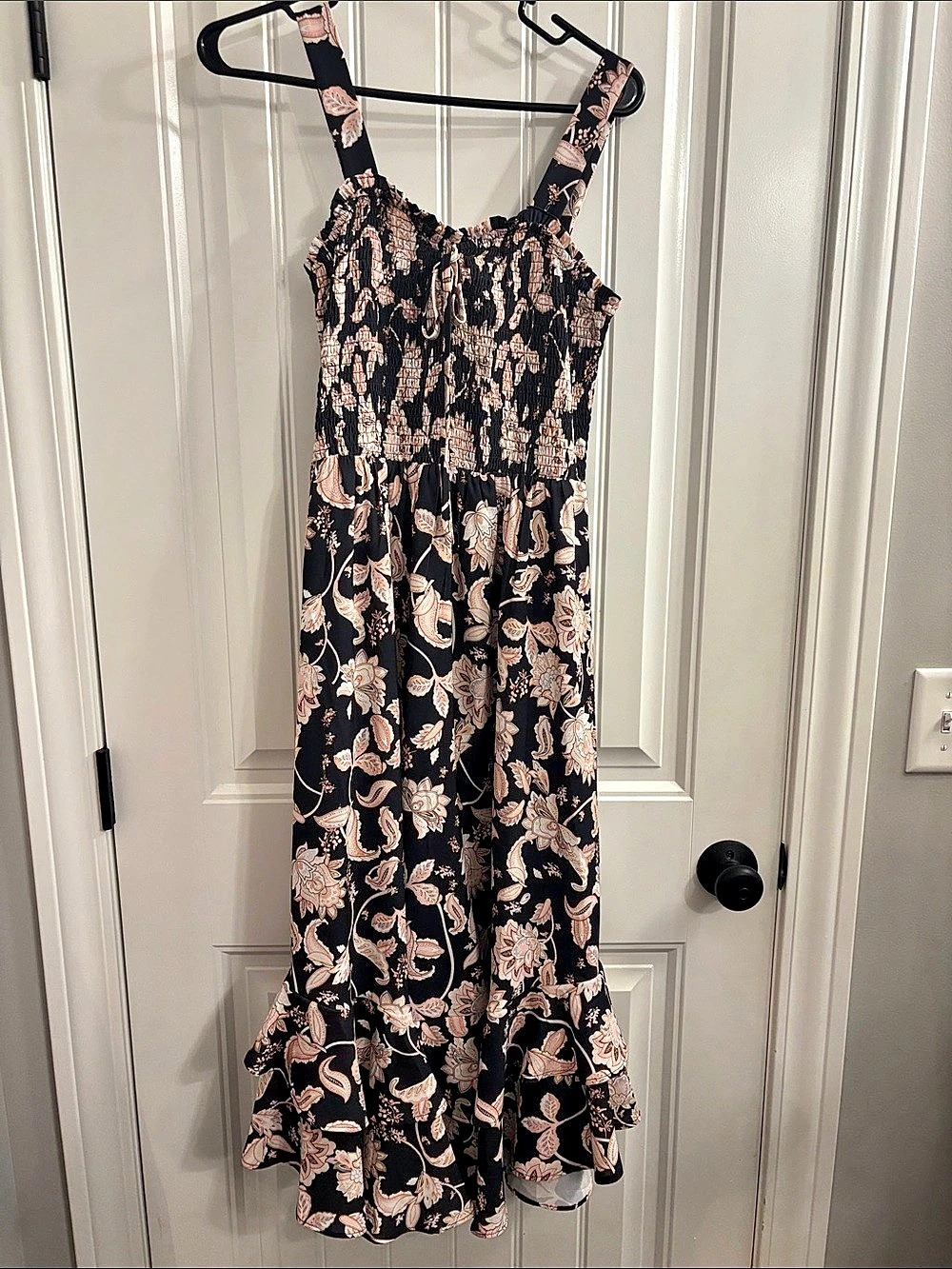 GRACE KARIN Floral Smocked Midi Dress in Black & Tan